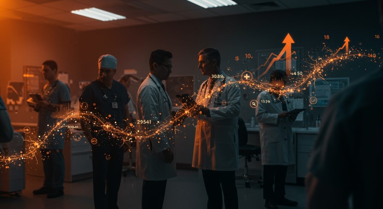 Grupo de médicos de UnitedHealth destacando en un entorno clínico moderno, ilustrando pagos diferenciados y dominio del mercado en healthcare.