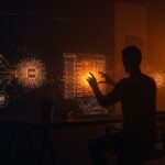 Desarrollador interactuando con lógica de servidor web controlada por modelos de lenguaje e inteligencia artificial en un entorno moderno y estilizado.