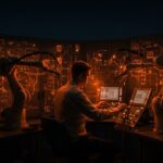 Ingeniero en hardware trabajando en automatización industrial con elementos de inteligencia artificial y robótica en un entorno de startup tecnológica.