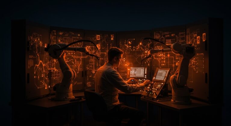 Ingeniero en hardware trabajando en automatización industrial con elementos de inteligencia artificial y robótica en un entorno de startup tecnológica.