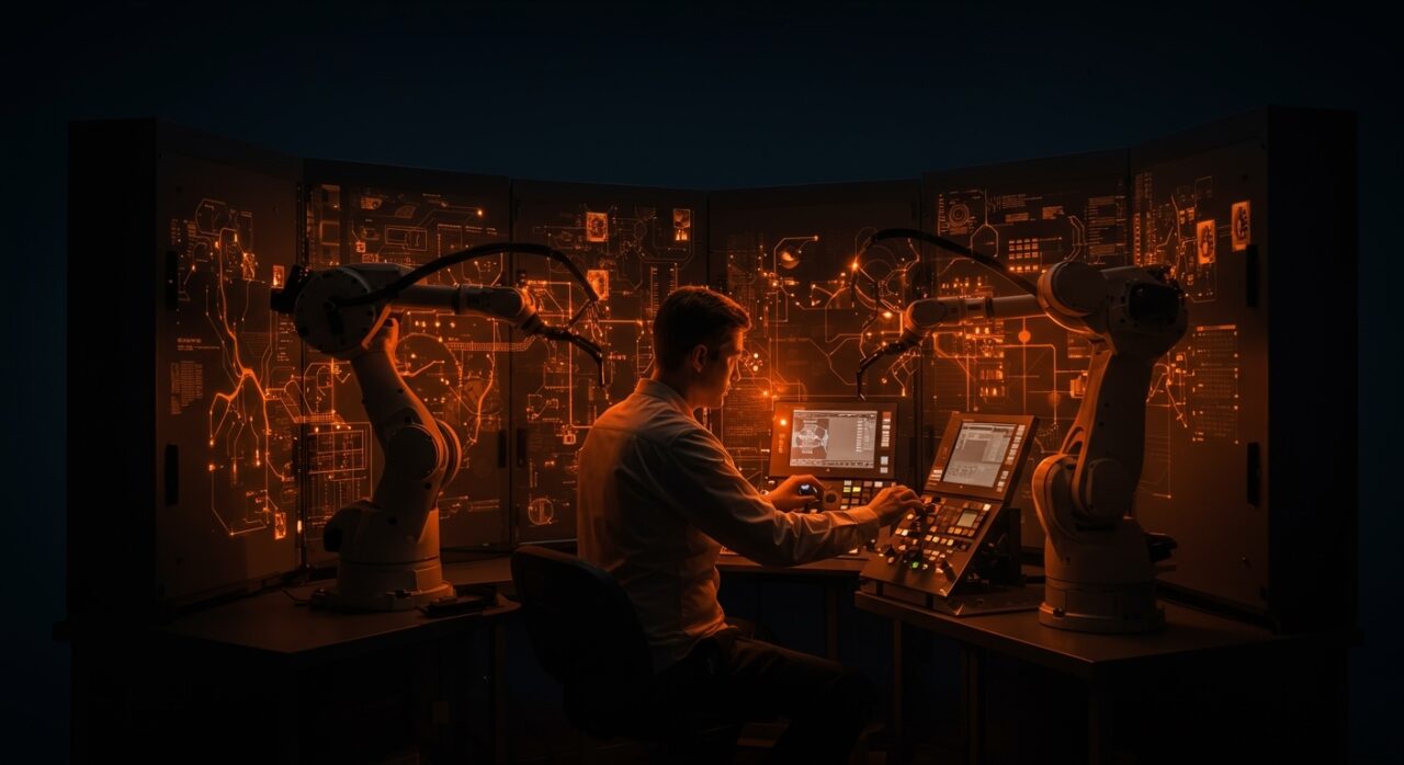 Ingeniero en hardware trabajando en automatización industrial con elementos de inteligencia artificial y robótica en un entorno de startup tecnológica.