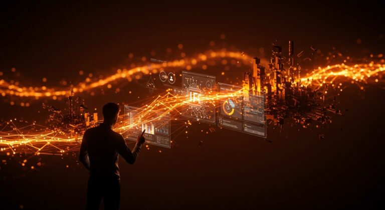 Fundador construyendo para la web en 2025 con inteligencia artificial y tendencias tecnológicas en un entorno digital vibrante.