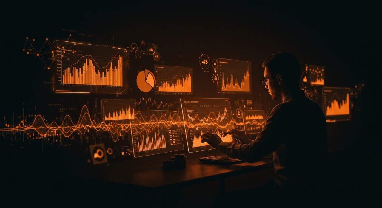 Validación y mitigación del output drift en modelos de lenguaje para fintech, mostrando análisis de datos financieros y redes neuronales en un entorno tecnológico avanzado.