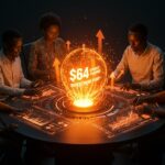 Inversiones en startups africanas representadas por emprendedores colaborando con datos digitales y energía fluyendo simbolizando un fondo de inversión de 64 millones de dólares.