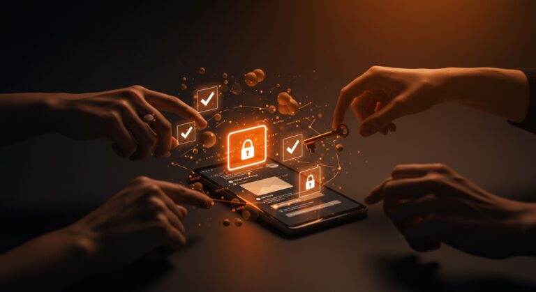 Dispositivos verificados intercambiando mensajes cifrados en Element Matrix para comunicaciones seguras en ecosistema startup.