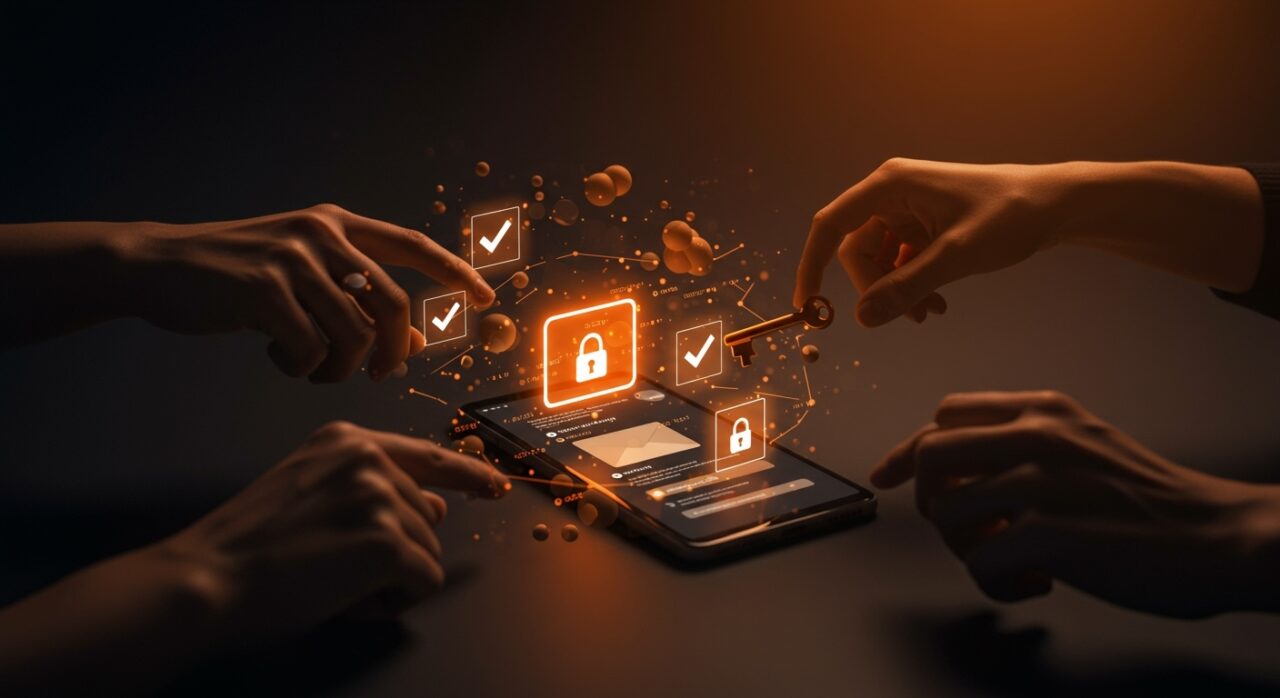 Dispositivos verificados intercambiando mensajes cifrados en Element Matrix para comunicaciones seguras en ecosistema startup.