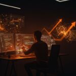 Visualización futurista de vibe coding y IA aplicada en programación, mostrando oportunidades y riesgos en startups tecnológicas.