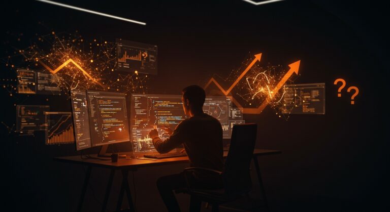 Visualización futurista de vibe coding y IA aplicada en programación, mostrando oportunidades y riesgos en startups tecnológicas.