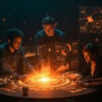 Fundadores de startups colaborando con tecnología de inteligencia artificial y flujos de inversión en un entorno moderno.