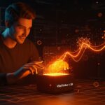 Founder tecnológico analizando datos en dispositivo AI VibeThinker-1.5B, representando IA abierta eficiente y optimización de costos para startups.