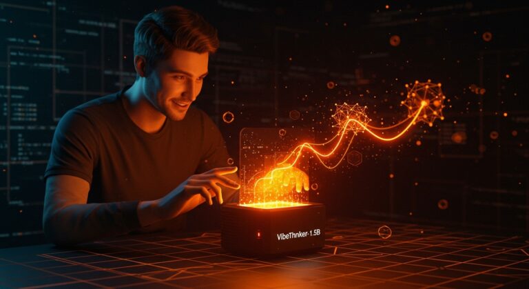 Founder tecnológico analizando datos en dispositivo AI VibeThinker-1.5B, representando IA abierta eficiente y optimización de costos para startups.