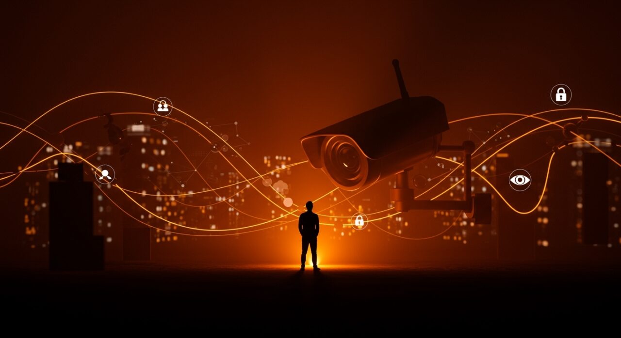 Representación visual de la vigilancia y privacidad en startups tecnológicas frente a la divulgación de datos públicos.