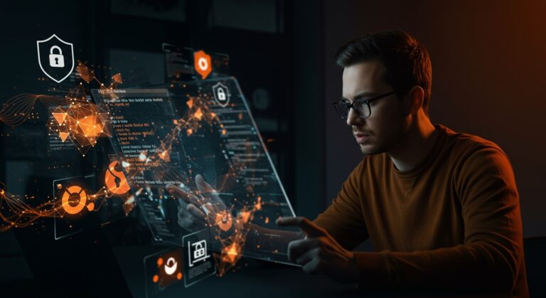 Founder técnico revisando vulnerabilidades en rust-sudo-rs con elementos abstractos de seguridad informática y actualizaciones para startups.