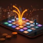 Representación visual de la plataforma Wabi como la 'YouTube de apps' con símbolos de funding pre-semilla y creación colaborativa de aplicaciones.