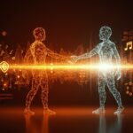 Alianza entre Warner Music y Suno destacando inteligencia artificial en música y derechos de autor con metáforas digitales de innovación tecnológica.