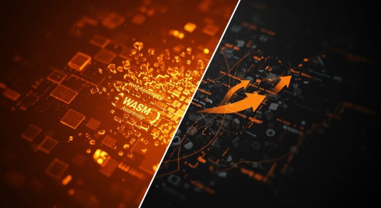 Comparación visual del rendimiento de WebAssembly WASM y código nativo mostrando la diferencia del 45% en velocidad, en contexto tecnológico.
