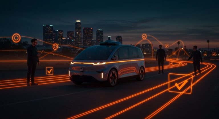 Waymo robotaxi autónomo en California representando innovación en movilidad y aprobación regulatoria en tecnología autónoma.