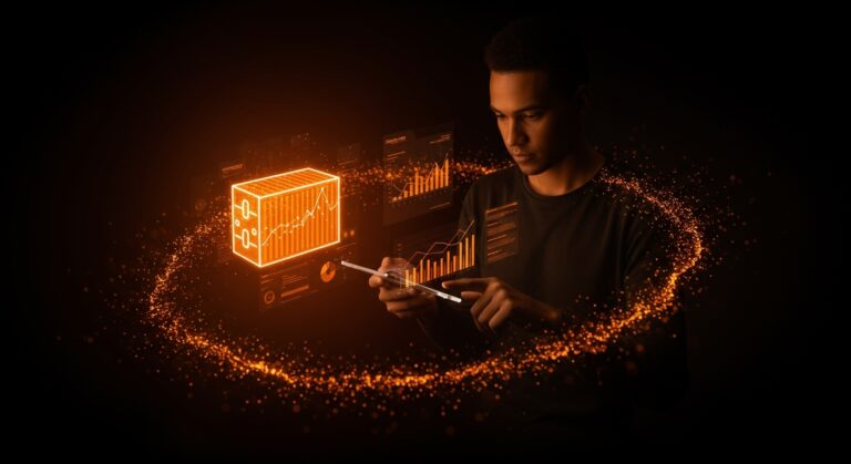 Founder tecnológico utilizando un rastreador móvil open source para gestión de inversiones privada y control total, con metáforas visuales de crecimiento SAAS y finanzas personales.