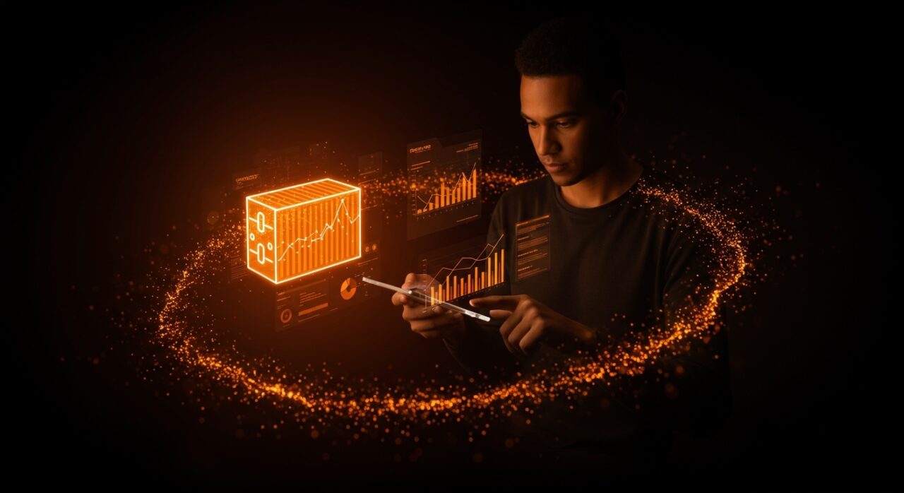 Founder tecnológico utilizando un rastreador móvil open source para gestión de inversiones privada y control total, con metáforas visuales de crecimiento SAAS y finanzas personales.