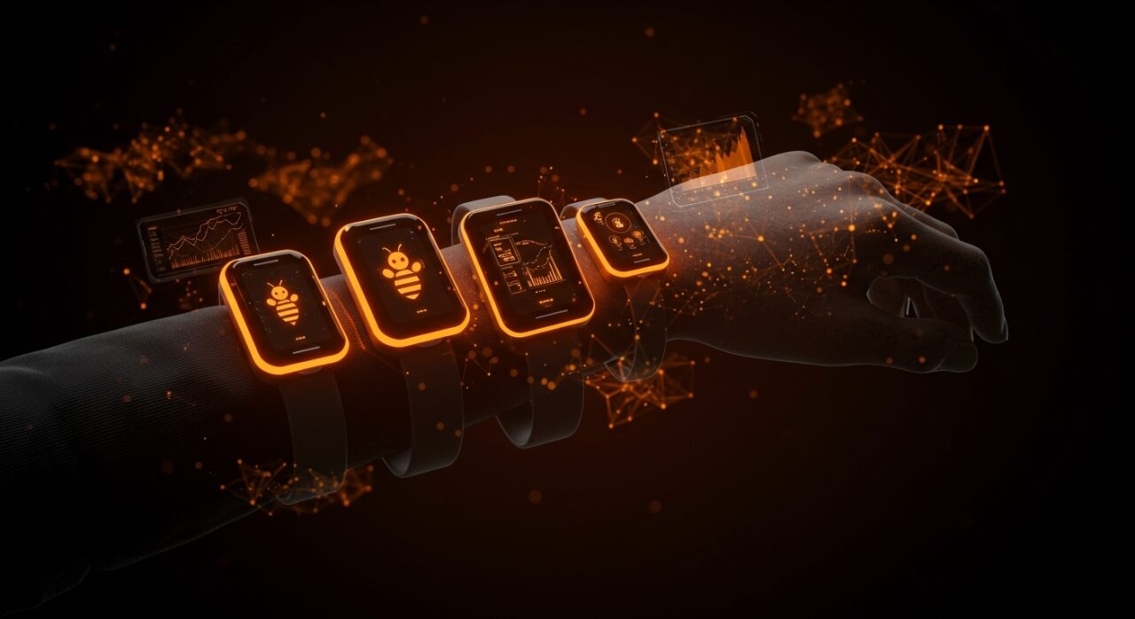 Wearables IA innovadores con interfaces holográficas en tonos naranja y negro, destacando tendencias y tecnología emergente para founders en 2025.