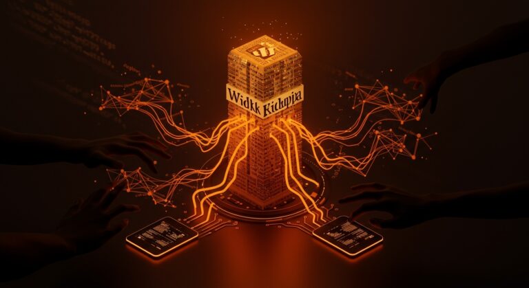 Representación visual de Wikipedia exigiendo el uso de su API oficial por startups de IA para asegurar datos fiables y tecnología sostenible.