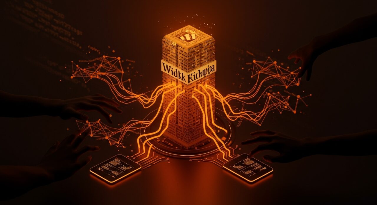 Representación visual de Wikipedia exigiendo el uso de su API oficial por startups de IA para asegurar datos fiables y tecnología sostenible.