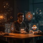 Colaboración en startup tech con interfaz de Windows 11 integrada con IA agentic y patrones neuronales en paleta naranja y negro.