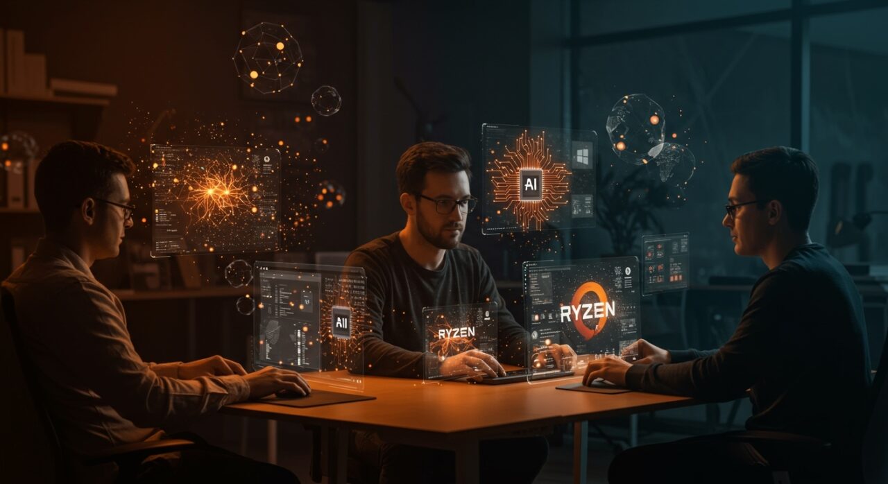 Colaboración en startup tech con interfaz de Windows 11 integrada con IA agentic y patrones neuronales en paleta naranja y negro.