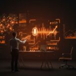 Founder interactuando con interfaz holográfica de voice AI y gráficos de funding, destacando la ronda de financiamiento de Wispr para startups tecnológicas.