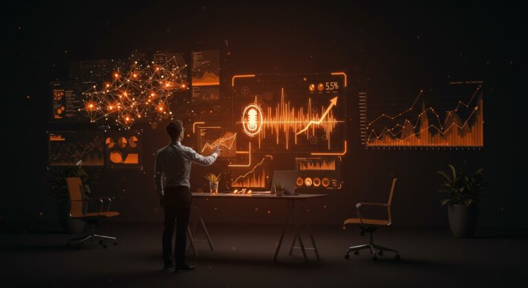 Founder interactuando con interfaz holográfica de voice AI y gráficos de funding, destacando la ronda de financiamiento de Wispr para startups tecnológicas.