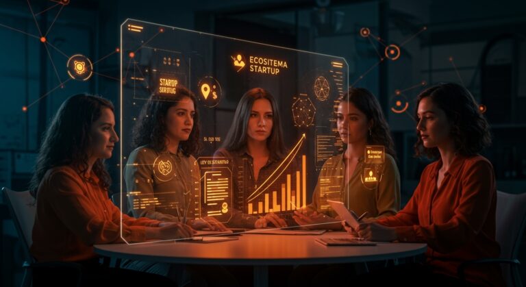 Mujeres emprendedoras colaborando con tecnología digital, simbolizando liderazgo femenino, diversidad tech e innovación en startups.