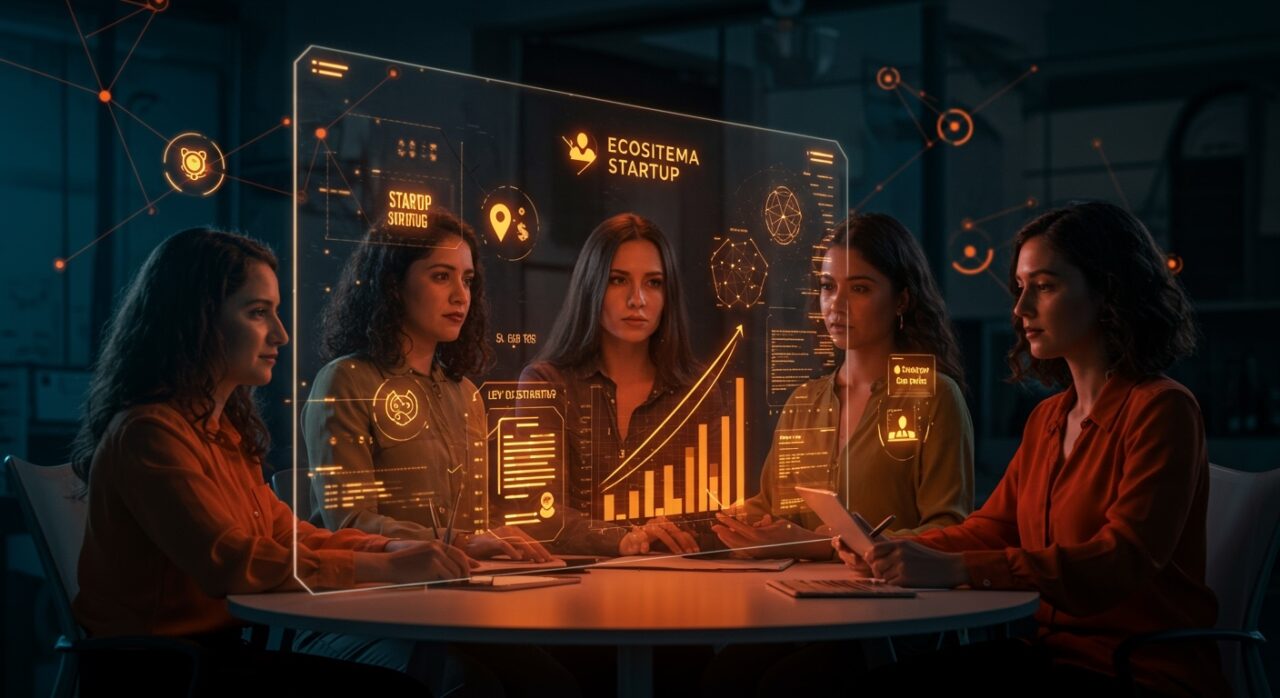 Mujeres emprendedoras colaborando con tecnología digital, simbolizando liderazgo femenino, diversidad tech e innovación en startups.