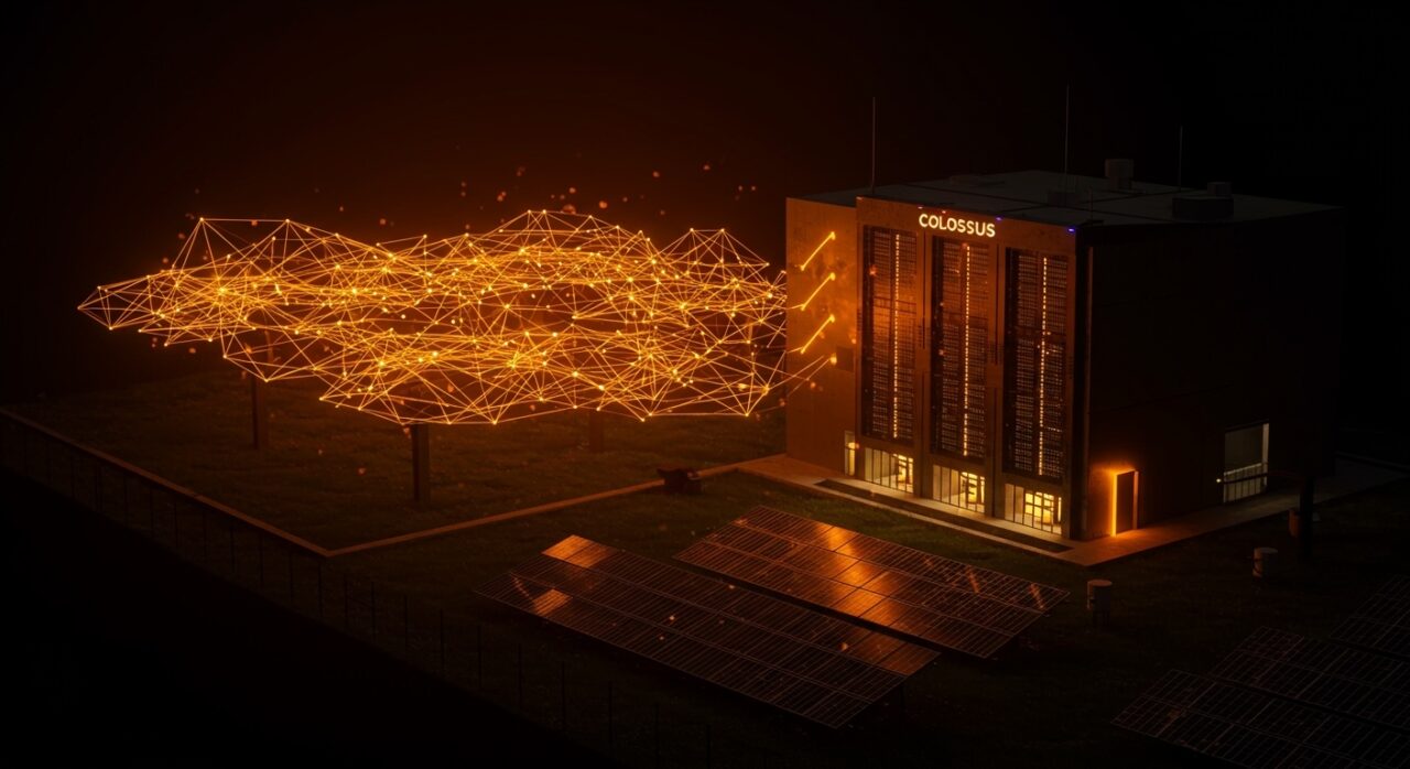 Planta solar junto al data center Colossus de xAI en Memphis, simbolizando sostenibilidad e inteligencia artificial en tecnología limpia.