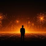 Yann LeCun contemplando un horizonte digital con patrones de inteligencia artificial, simbolizando innovación y tendencias tecnológicas en IA.