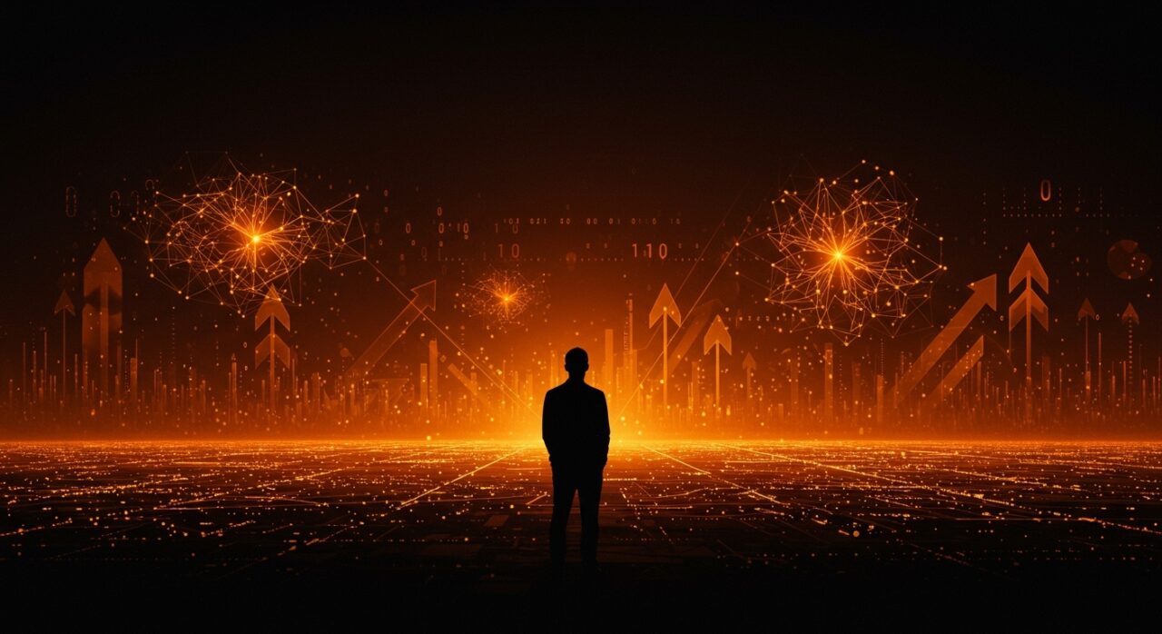 Yann LeCun contemplando un horizonte digital con patrones de inteligencia artificial, simbolizando innovación y tendencias tecnológicas en IA.