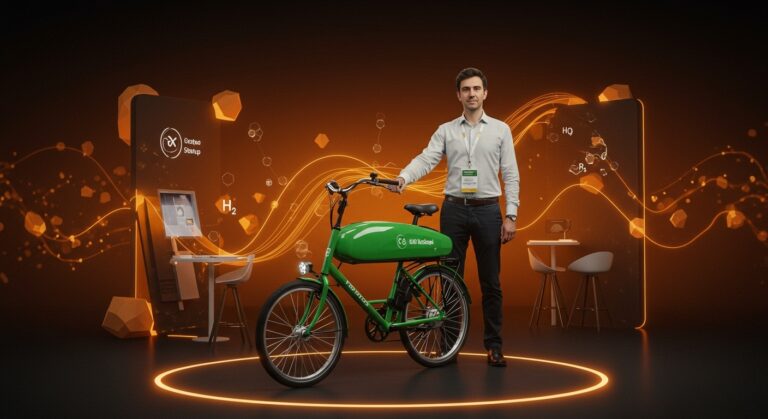 Bicicleta de hidrógeno verde de Zanergy destacada en feria educativa, símbolo de innovación y movilidad sostenible en startups LATAM.