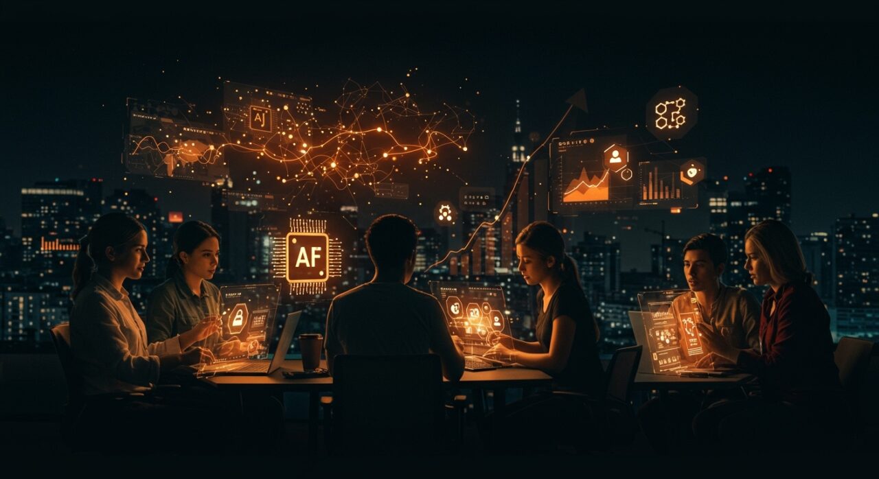 Emprendedores y startups latinoamericanos colaborando frente a hologramas tecnológicos representando fintech, inteligencia artificial y salud digital en 2026.