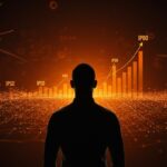 Multimillonario frente a un horizonte digital con gráficos y redes neuronales representando el auge de la inteligencia artificial y startups tecnológicas en 2025.