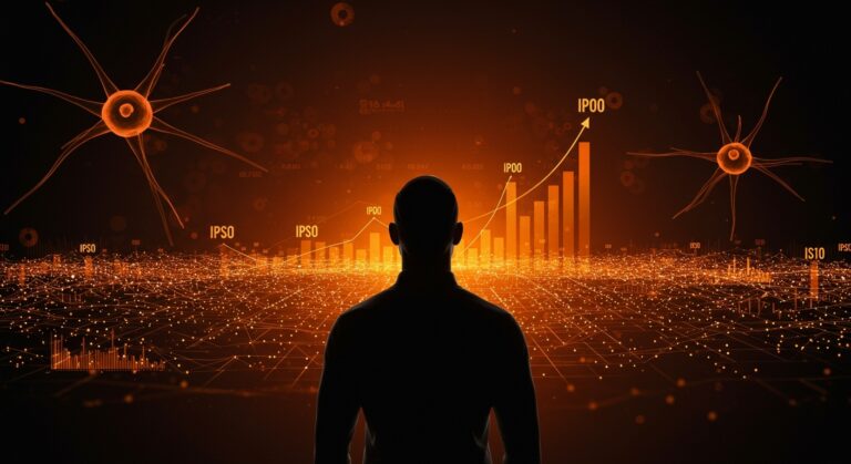 Multimillonario frente a un horizonte digital con gráficos y redes neuronales representando el auge de la inteligencia artificial y startups tecnológicas en 2025.