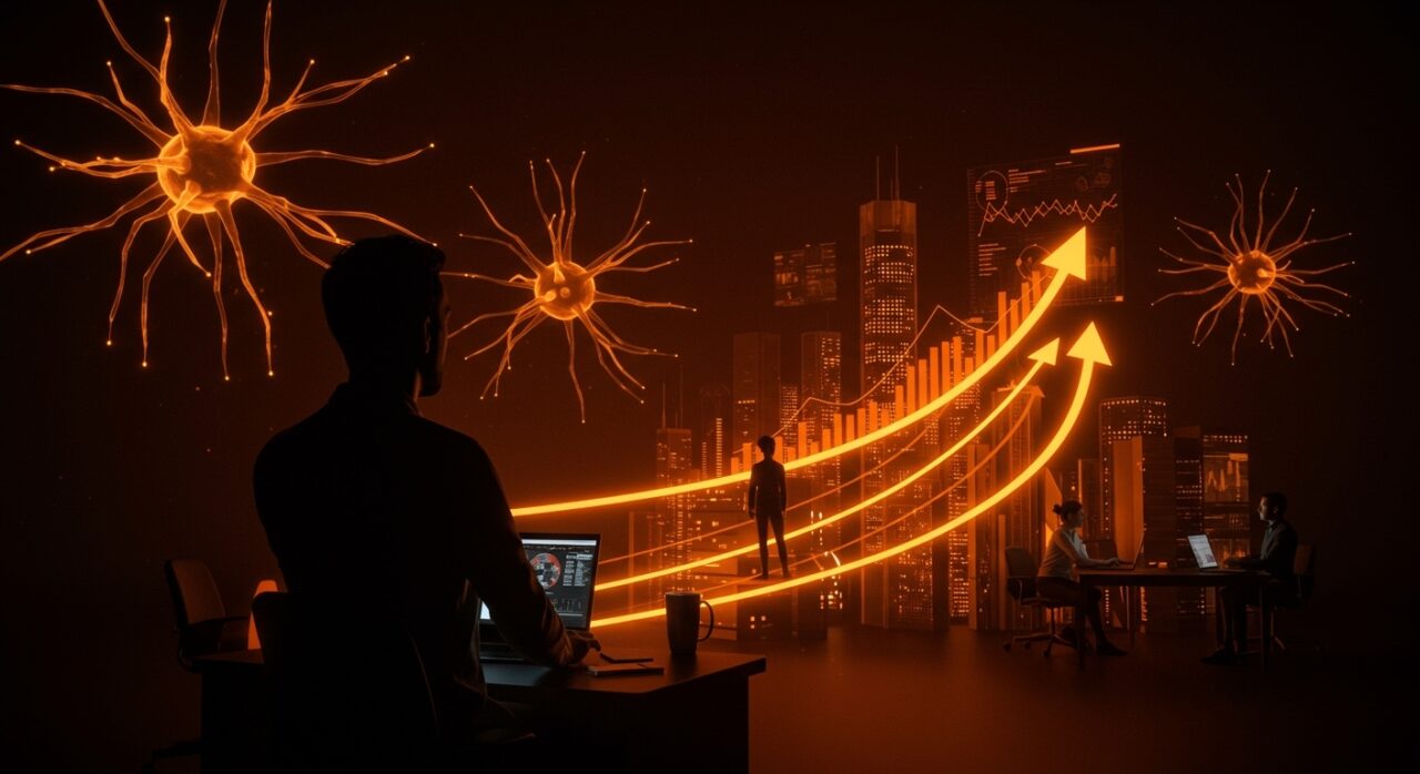 Multimillonarios y emprendedores startup tech con redes neuronales e iconografía de crecimiento reflejando el boom de inteligencia artificial y IPOs en 2025.