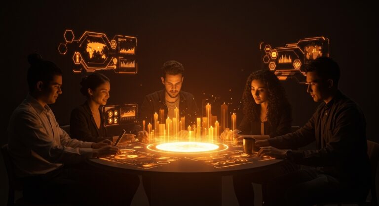 Startup de salud y wellness colaborando con datos digitales y redes de IA, mostrando innovación y tendencias del ecosistema startup.