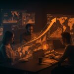 Fundadores de startups latinoamericanas colaborando en programas de aceleración e internacionalización con iconografía de venture capital y fundraising.