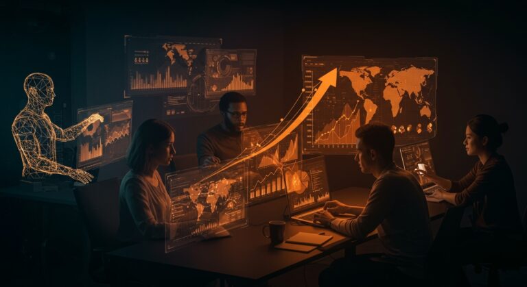 Fundadores de startups latinoamericanas colaborando en programas de aceleración e internacionalización con iconografía de venture capital y fundraising.