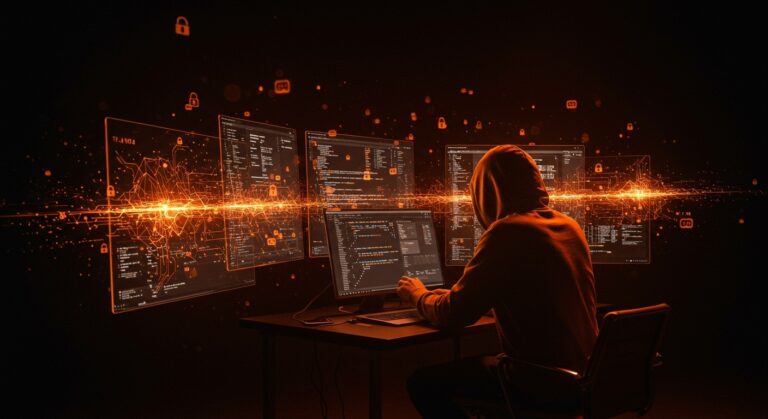 Escena futurista de hacker en congreso 39c3 con visuales de inteligencia artificial y tendencias de seguridad informática para founders LATAM.