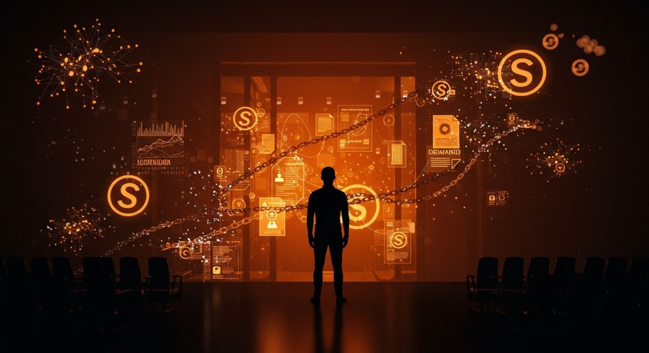 Visualización de demandas legales contra IA y startups mostrando símbolos de derechos de autor y tecnología en un ambiente digital con paleta naranja y negro.