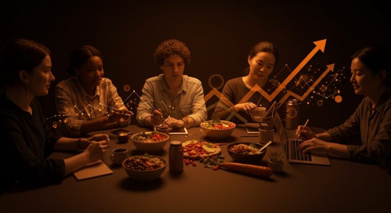 Founders de startups colaborando innovadoramente en emprendimiento de comida saludable con tendencias de mercado en LATAM.