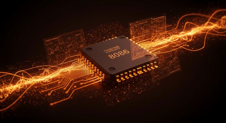 Vista cercana del microprocesador 8086 con flujos de microcódigo y elementos de microarquitectura en tonos naranjas y negros, ilustrando exploración de hardware retro y emulación tecnológica.