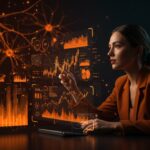 Emprendedora observando simulación de mercado con IA, representando financiación series A y validación tecnológica en startups.