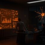 Fundador de startup con gráficos holográficos ascendentes, simbolizando financiación y valoración de 1B en inteligencia artificial para investigación de mercado.