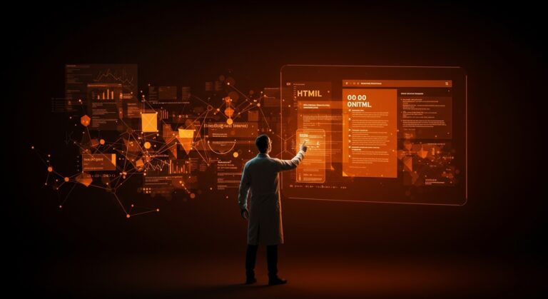 Investigador interactuando con interfaz digital que muestra papers científicos accesibles en HTML en arXiv, enfatizando accesibilidad y tecnología.